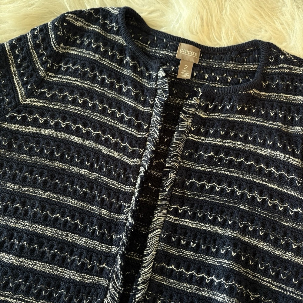 Chicos Knit Cardigan Fringe Trim Sweater Open Front Long‎ Navy Blue Size 2 Large